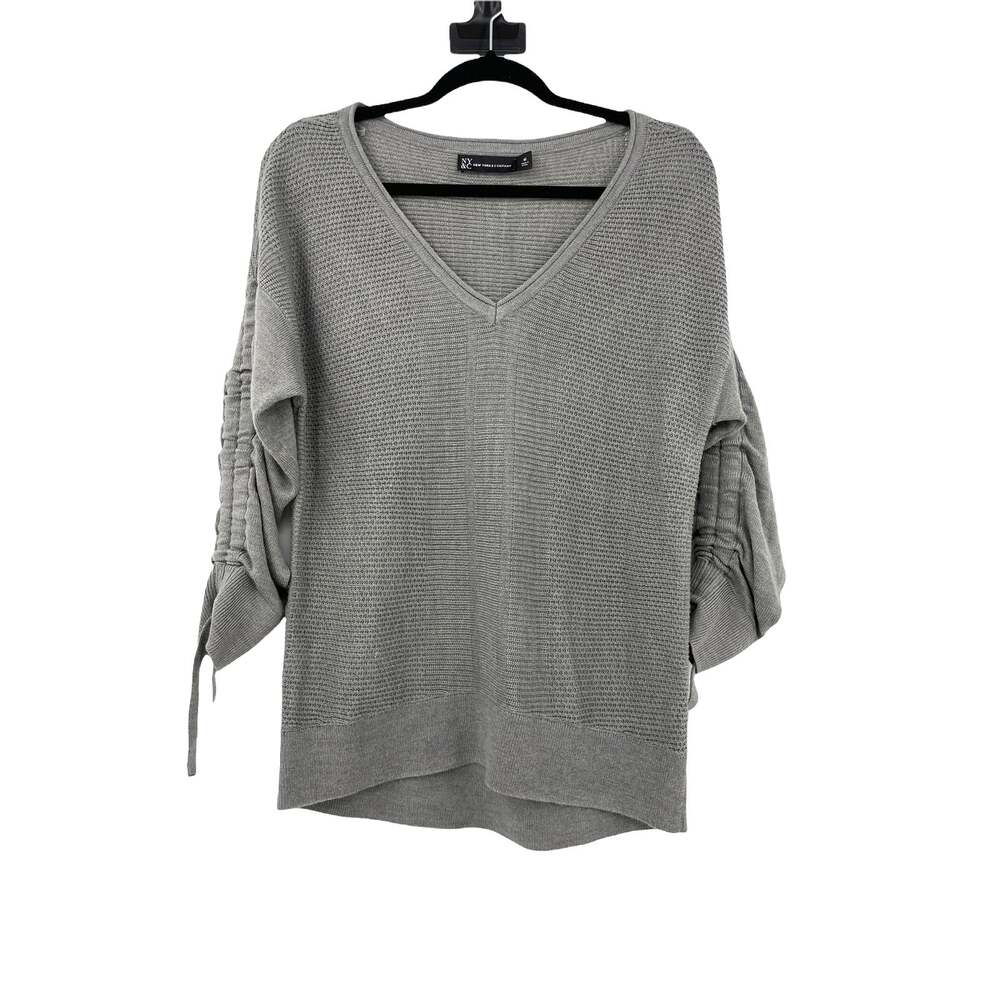 New York & Company Sweater Womens Medium Ruched Sleeve Sweater Gray V Neck
